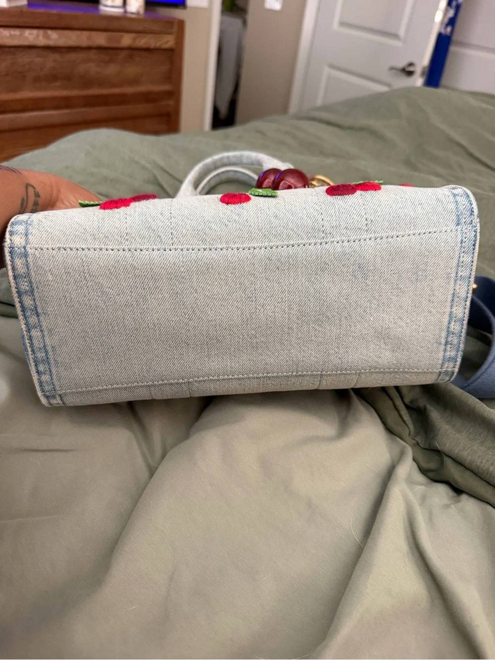 Coach Denim Cargo Bag 26 with Cherry Embroidery